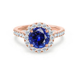 CECILY - Lab Grown Blue Sapphire & Diamond 18k Rose Gold Halo Ring Engagement Ring Lily Arkwright