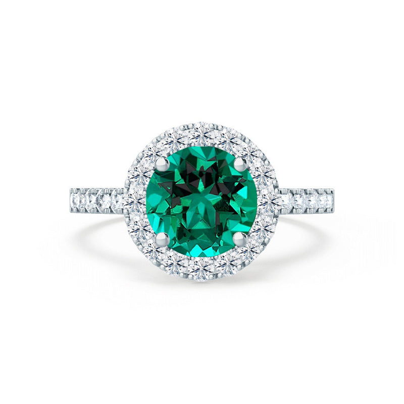 CECILY - Lab Grown Emerald & Diamond 18k White Gold Halo Ring Engagement Ring Lily Arkwright