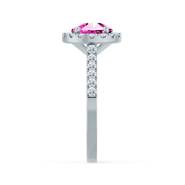CECILY - Lab Grown Pink Sapphire & Diamond 18k White Gold Halo Ring Engagement Ring Lily Arkwright
