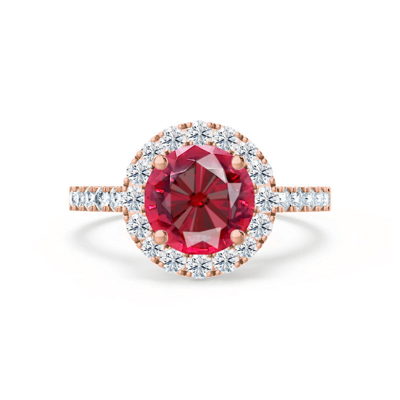 CECILY - Lab Grown Red Ruby & Diamond 18k Rose Gold Halo Ring Engagement Ring Lily Arkwright