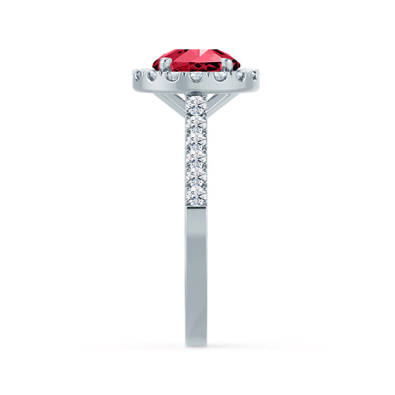 CECILY - Lab Grown Red Ruby & Diamond Platinum Halo Ring Engagement Ring Lily Arkwright