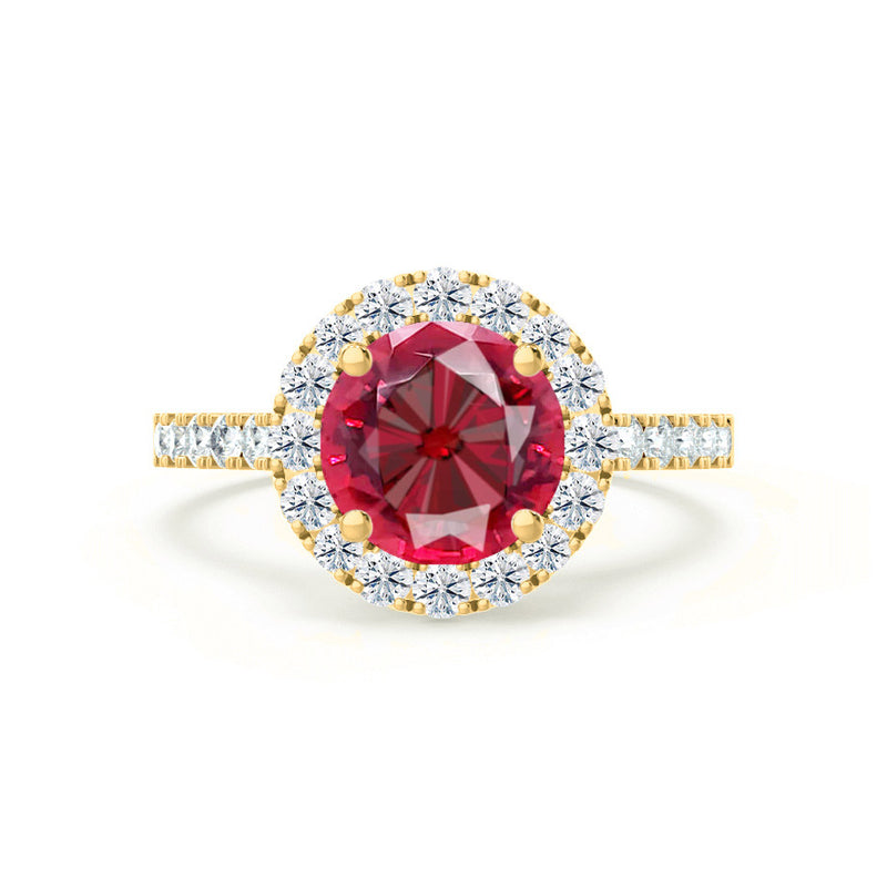 CECILY - Lab Grown Red Ruby & Diamond 18k Yellow Gold Halo Ring Engagement Ring Lily Arkwright