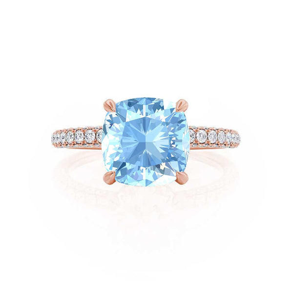 COCO - Cushion Aqua Spinel & Diamond 18k Rose Gold Hidden Halo Triple Pavé Shoulder Set Engagement Ring Lily Arkwright