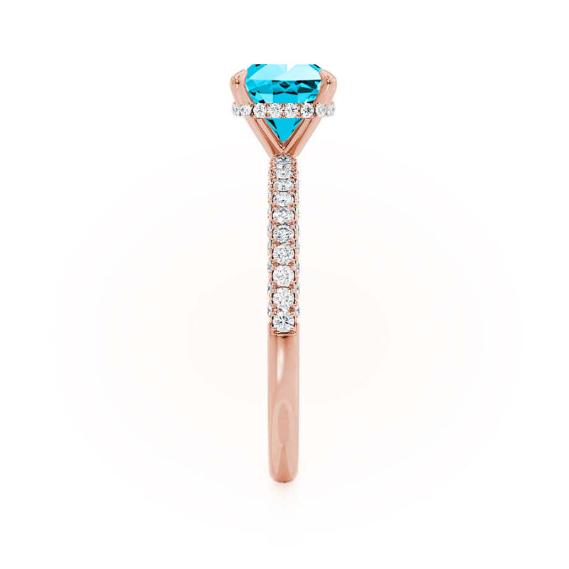 COCO - Cushion Aqua Spinel & Diamond 18k Rose Gold Hidden Halo Triple Pavé Shoulder Set Engagement Ring Lily Arkwright