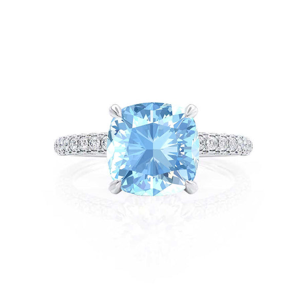 COCO - Cushion Aqua Spinel & Diamond 18k White Gold Hidden Halo Triple Pavé Shoulder Set Engagement Ring Lily Arkwright