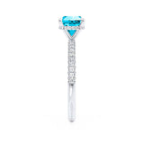 COCO - Cushion Aqua Spinel & Diamond 18k White Gold Hidden Halo Triple Pavé Shoulder Set Engagement Ring Lily Arkwright