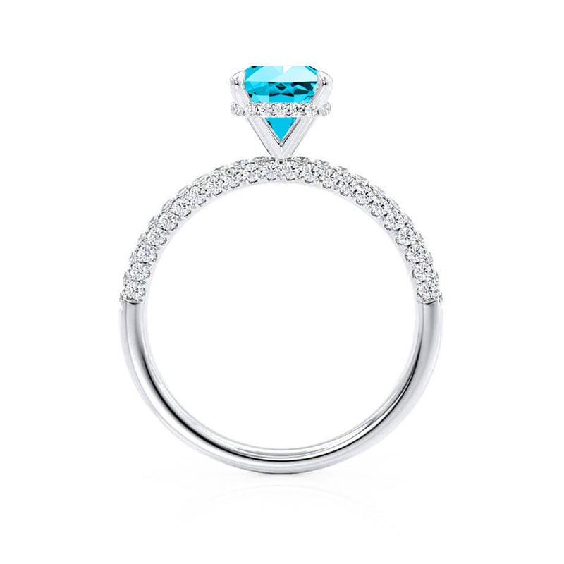 COCO - Cushion Aqua Spinel & Diamond 950 Platinum Hidden Halo Triple Pavé Shoulder Set Engagement Ring Lily Arkwright
