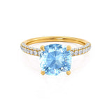 COCO - Cushion Aqua Spinel & Diamond 18k Yellow Gold Hidden Halo Triple Pavé Shoulder Set Engagement Ring Lily Arkwright