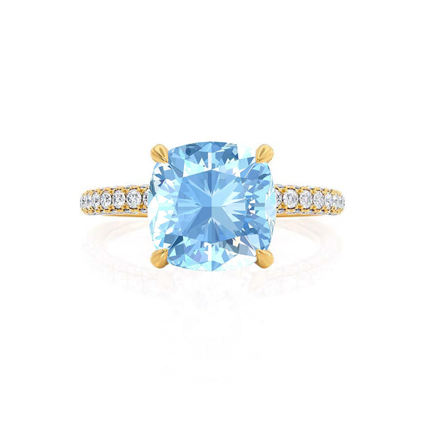 COCO - Cushion Aqua Spinel & Diamond 18k Yellow Gold Hidden Halo Triple Pavé Shoulder Set Engagement Ring Lily Arkwright