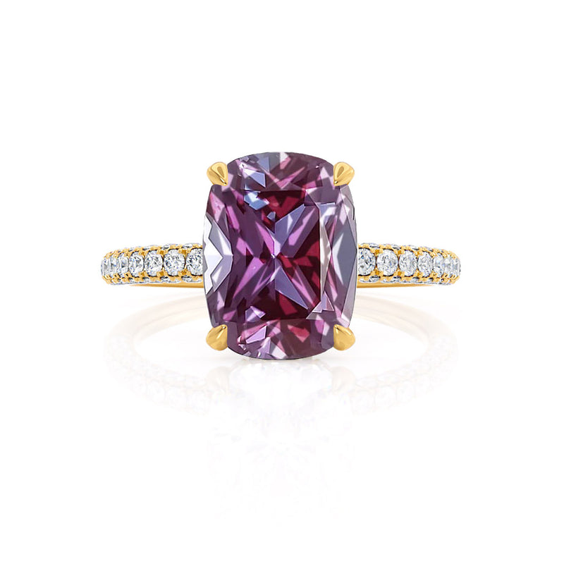 COCO - Elongated Cushion Cut Alexandrite 18k Yellow Gold Petite Hidden Halo Triple Pavé Engagement Ring Lily Arkwright