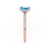 COCO - Elongated Cushion Cut Aqua Spinel 18k Rose Gold Petite Hidden Halo Triple Pavé Engagement Ring Lily Arkwright