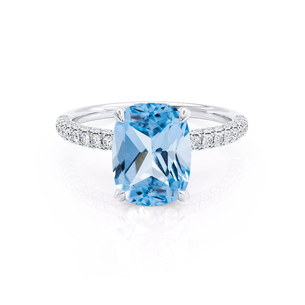 COCO - Elongated Cushion Cut Aqua Spinel 950 Platinum Petite Hidden Halo Triple Pavé Engagement Ring Lily Arkwright