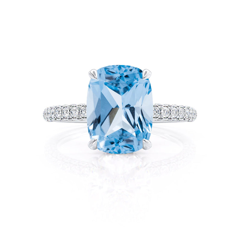 COCO - Elongated Cushion Cut Aqua Spinel 18k White Gold Petite Hidden Halo Triple Pavé Engagement Ring Lily Arkwright