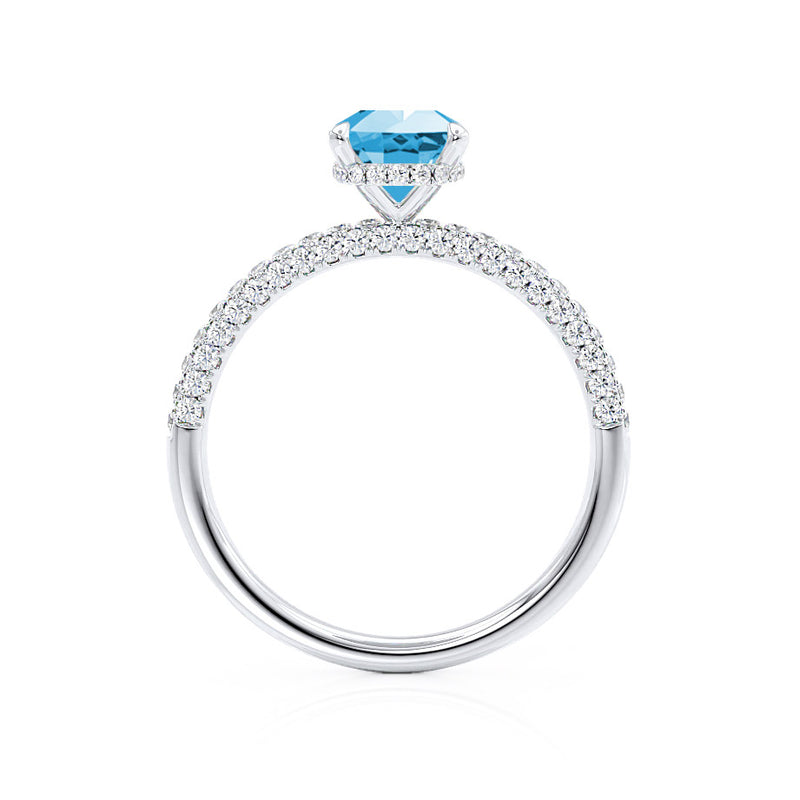 COCO - Elongated Cushion Cut Aqua Spinel 18k White Gold Petite Hidden Halo Triple Pavé Engagement Ring Lily Arkwright