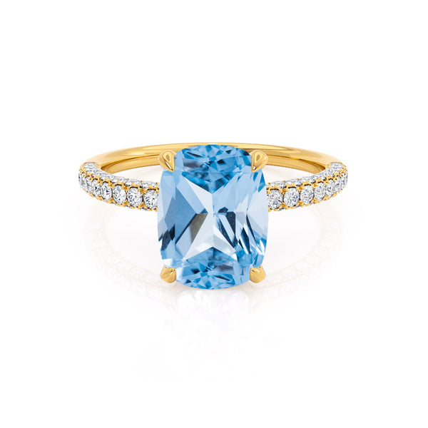 COCO - Elongated Cushion Cut Aqua Spinel 18k Yellow Gold Petite Hidden Halo Triple Pavé Engagement Ring Lily Arkwright