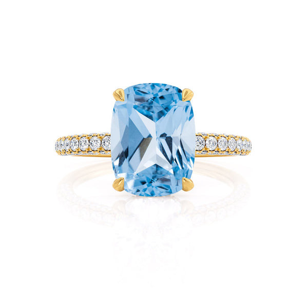 COCO - Elongated Cushion Cut Aqua Spinel 18k Yellow Gold Petite Hidden Halo Triple Pavé Engagement Ring Lily Arkwright