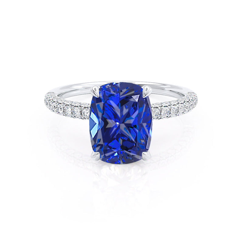 COCO - Elongated Cushion Cut Blue Sapphire 950 Platinum Petite Hidden Halo Triple Pavé Engagement Ring Lily Arkwright