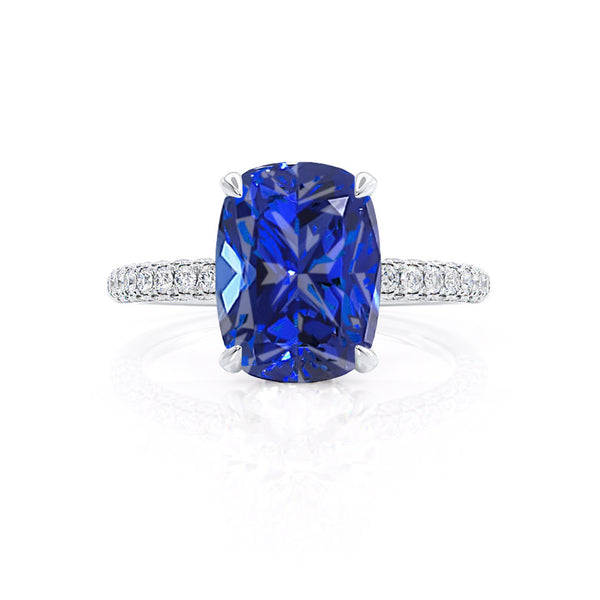 COCO - Elongated Cushion Cut Blue Sapphire 18k White Gold Petite Hidden Halo Triple Pavé Engagement Ring Lily Arkwright