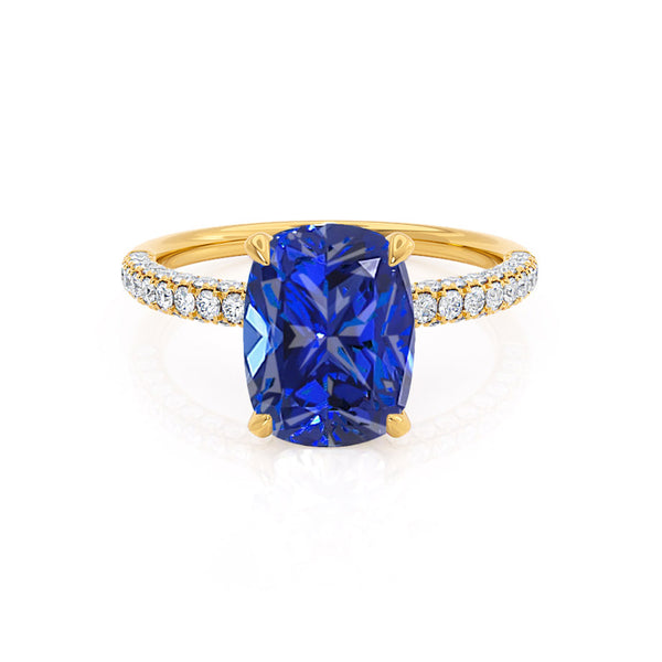 COCO - Elongated Cushion Cut Blue Sapphire 18k Yellow Gold Petite Hidden Halo Triple Pavé Engagement Ring Lily Arkwright