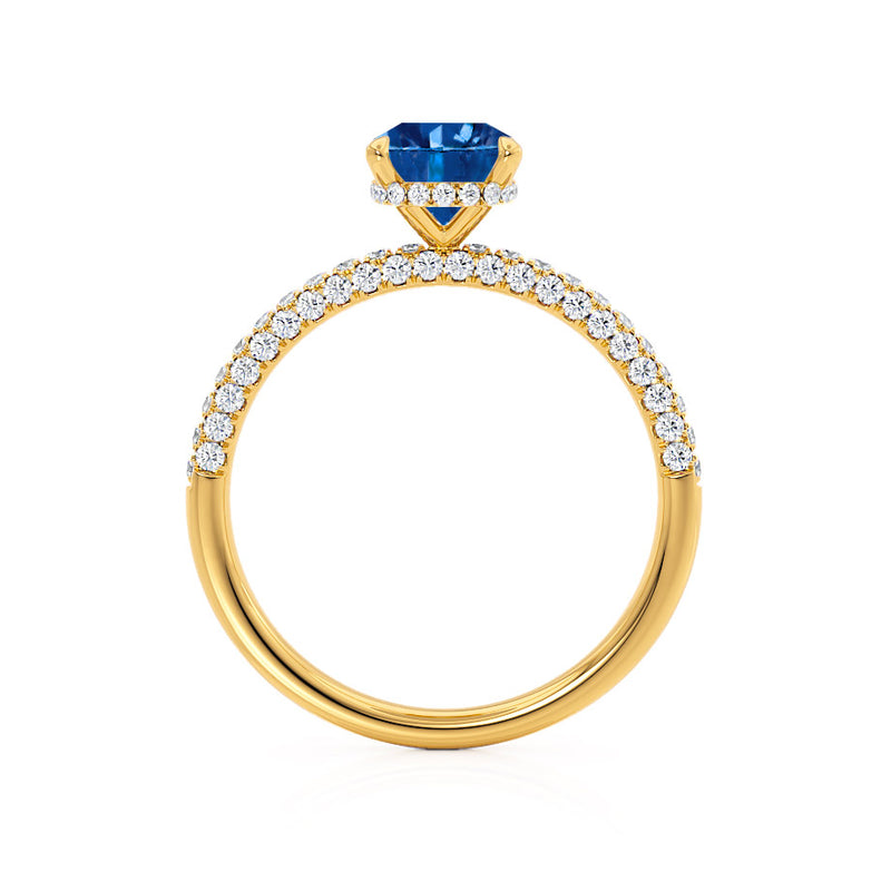 COCO - Elongated Cushion Cut Blue Sapphire 18k Yellow Gold Petite Hidden Halo Triple Pavé Engagement Ring Lily Arkwright
