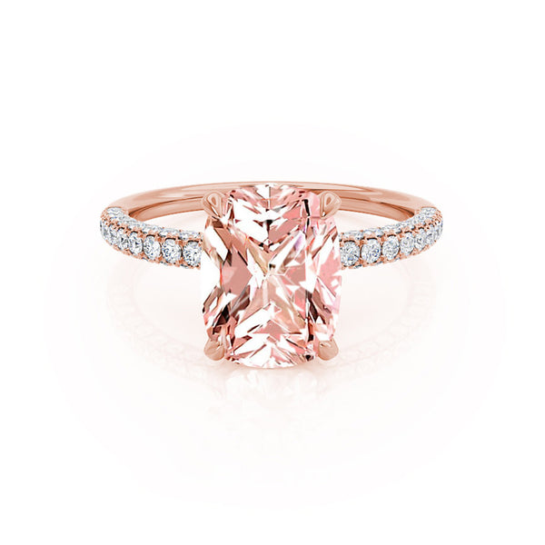COCO - Elongated Cushion Cut Champagne Sapphire 18k Rose Gold Petite Hidden Halo Triple Pavé Engagement Ring Lily Arkwright
