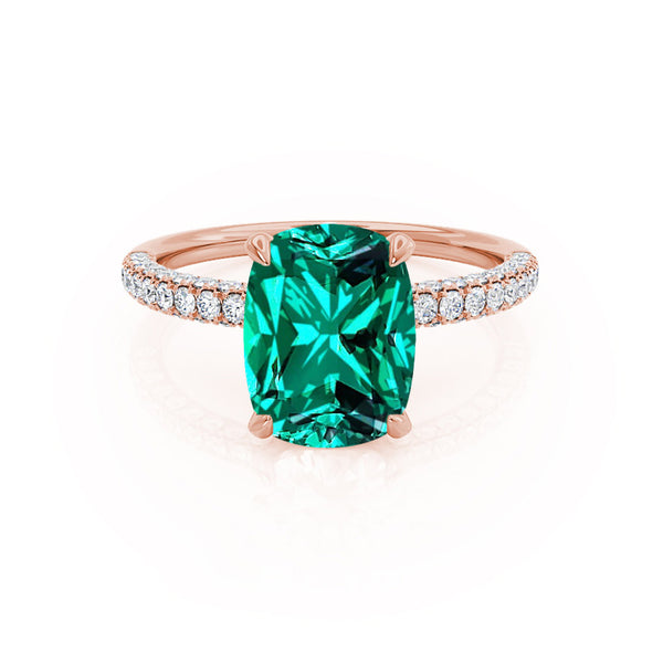 COCO - Elongated Cushion Cut Emerald 18k Rose Gold Petite Hidden Halo Triple Pavé Engagement Ring Lily Arkwright