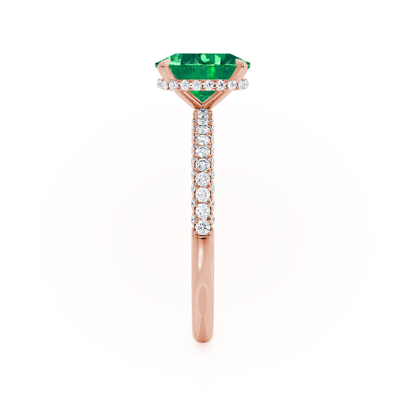 COCO - Elongated Cushion Cut Emerald 18k Rose Gold Petite Hidden Halo Triple Pavé Engagement Ring Lily Arkwright
