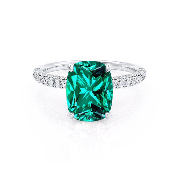 COCO - Elongated Cushion Cut Emerald 18k White Gold Petite Hidden Halo Triple Pavé Engagement Ring Lily Arkwright