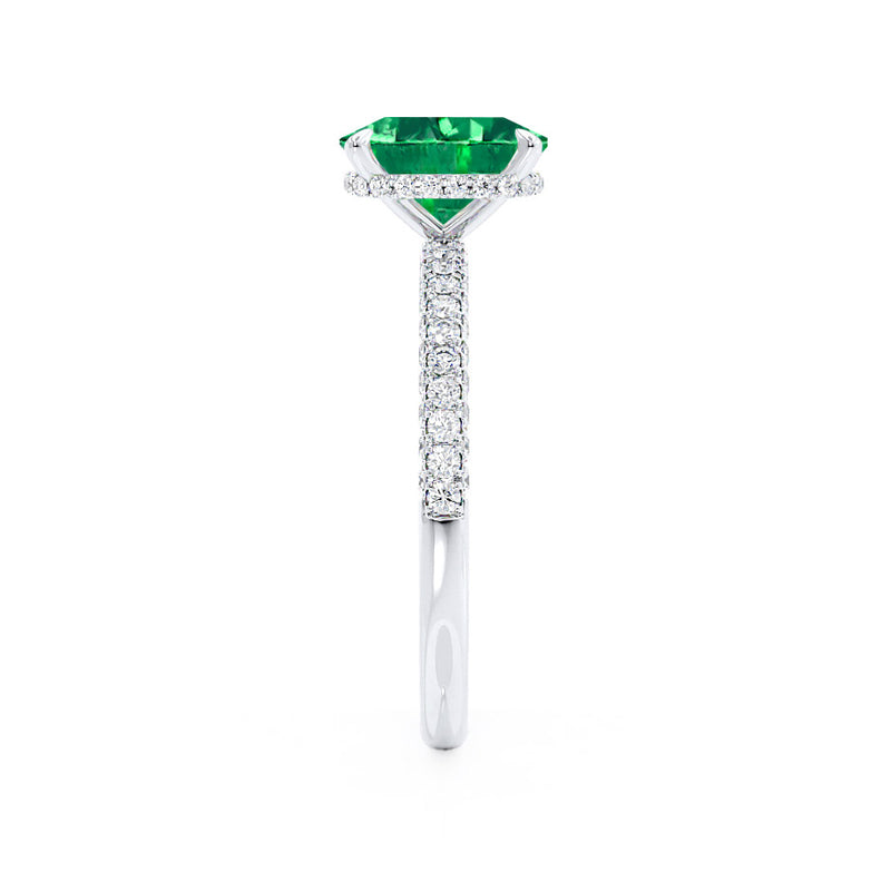 COCO - Elongated Cushion Cut Emerald 18k White Gold Petite Hidden Halo Triple Pavé Engagement Ring Lily Arkwright