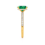 COCO - Elongated Cushion Cut Emerald 18k Yellow Gold Petite Hidden Halo Triple Pavé Engagement Ring Lily Arkwright