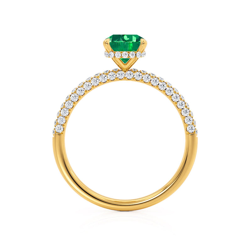 COCO - Elongated Cushion Cut Emerald 18k Yellow Gold Petite Hidden Halo Triple Pavé Engagement Ring Lily Arkwright