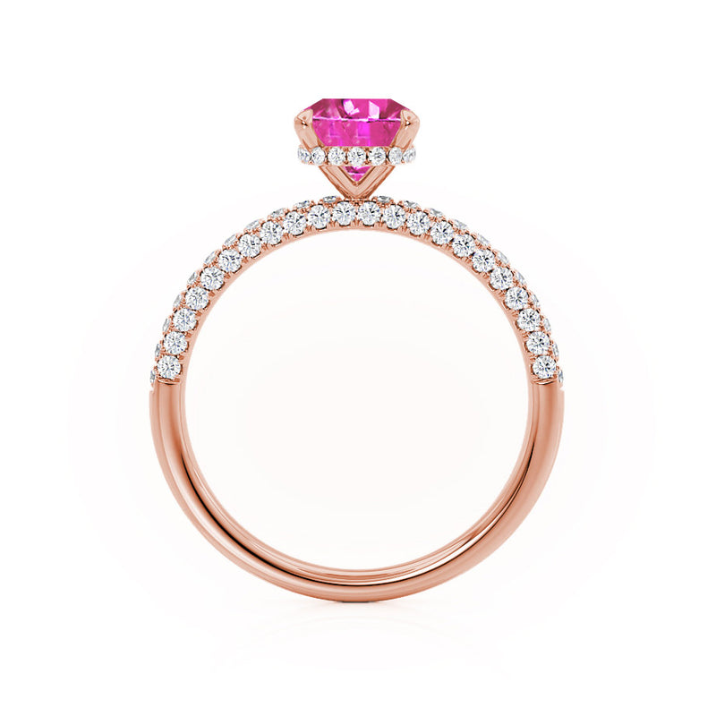 COCO - Elongated Cushion Cut Pink Sapphire 18k Rose Gold Petite Hidden Halo Triple Pavé Engagement Ring Lily Arkwright