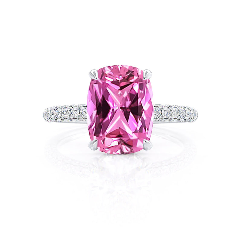 COCO - Elongated Cushion Cut Pink Sapphire 950 Platinum Petite Hidden Halo Triple Pavé Engagement Ring Lily Arkwright