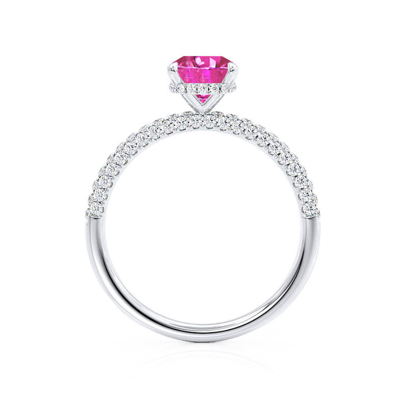COCO - Elongated Cushion Cut Pink Sapphire 18k White Gold Petite Hidden Halo Triple Pavé Engagement Ring Lily Arkwright