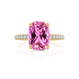 COCO - Elongated Cushion Cut Pink Sapphire 18k Yellow Gold Petite Hidden Halo Triple Pavé Engagement Ring Lily Arkwright
