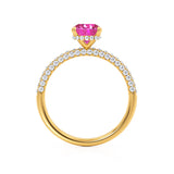 COCO - Elongated Cushion Cut Pink Sapphire 18k Yellow Gold Petite Hidden Halo Triple Pavé Engagement Ring Lily Arkwright
