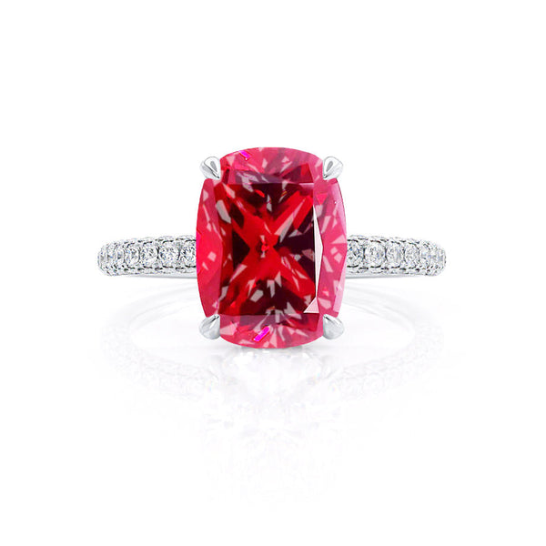 COCO - Elongated Cushion Cut Ruby 950 Platinum Petite Hidden Halo Triple Pavé Engagement Ring Lily Arkwright