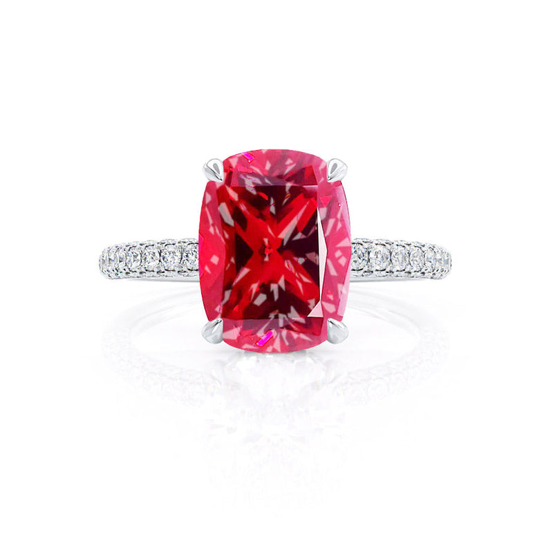 COCO - Elongated Cushion Cut Ruby 18k White Gold Petite Hidden Halo Triple Pavé Engagement Ring Lily Arkwright