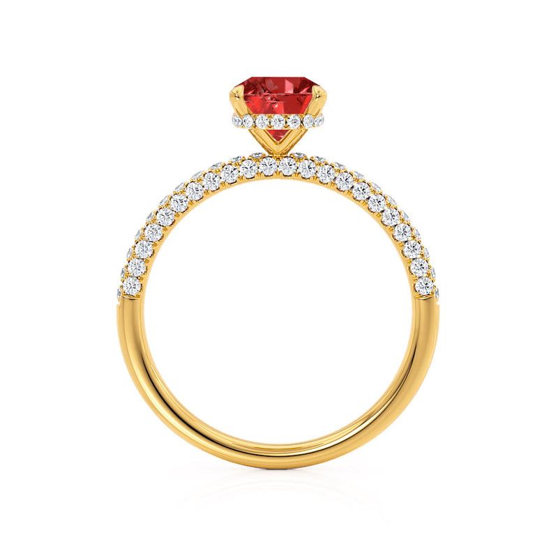 COCO - Elongated Cushion Cut Ruby 18k Yellow Gold Petite Hidden Halo Triple Pavé Engagement Ring Lily Arkwright