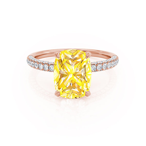 COCO - Elongated Cushion Cut Yellow Sapphire 18k Rose Gold Petite Hidden Halo Triple Pavé Engagement Ring Lily Arkwright