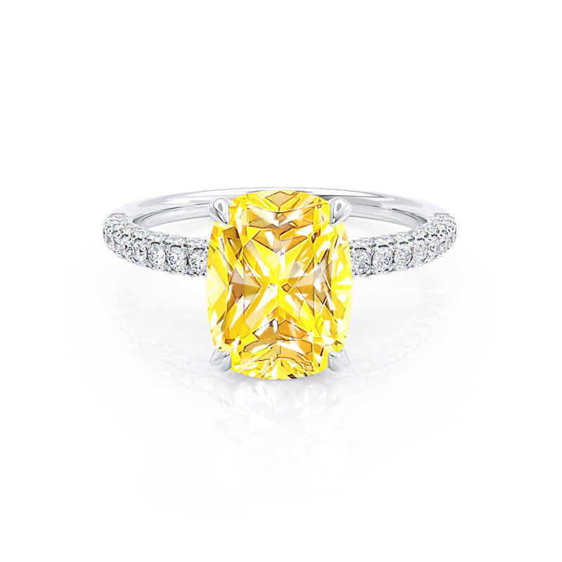 COCO - Elongated Cushion Cut Yellow Sapphire 950 Platinum Petite Hidden Halo Triple Pavé Engagement Ring Lily Arkwright