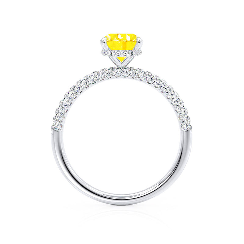 COCO - Elongated Cushion Cut Yellow Sapphire 18k White Gold Petite Hidden Halo Triple Pavé Engagement Ring Lily Arkwright