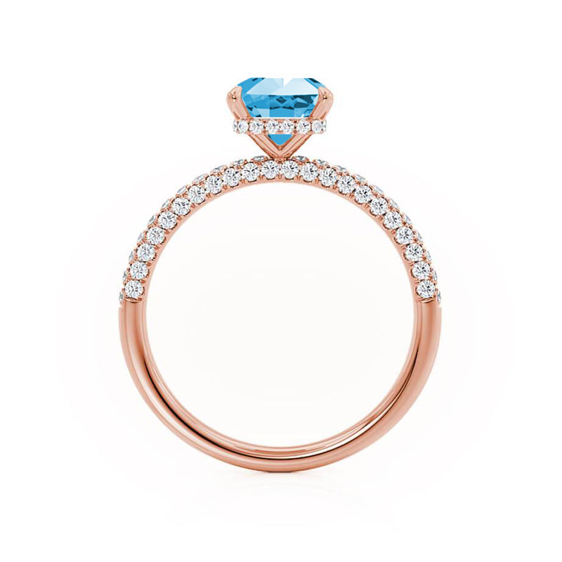 COCO - Emerald Aqua Spinel & Diamond 18k Rose Gold Petite Hidden Halo Triple Pavé Ring Engagement Ring Lily Arkwright