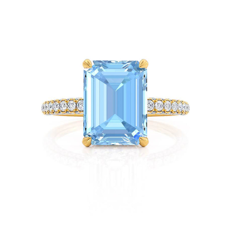COCO - Emerald Aqua Spinel & Diamond 18k Yellow Gold Petite Hidden Halo Triple Pavé Ring Engagement Ring Lily Arkwright