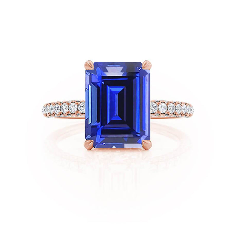 COCO - Emerald Blue Sapphire & Diamond 18k Rose Gold Petite Hidden Halo Triple Pavé Ring Engagement Ring Lily Arkwright