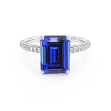 COCO - Emerald Blue Sapphire & Diamond 18k White Gold Petite Hidden Halo Triple Pavé Ring Engagement Ring Lily Arkwright
