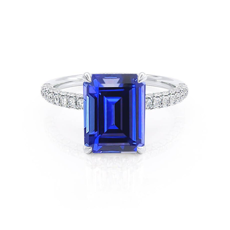 COCO - Emerald Blue Sapphire & Diamond 18k White Gold Petite Hidden Halo Triple Pavé Ring Engagement Ring Lily Arkwright