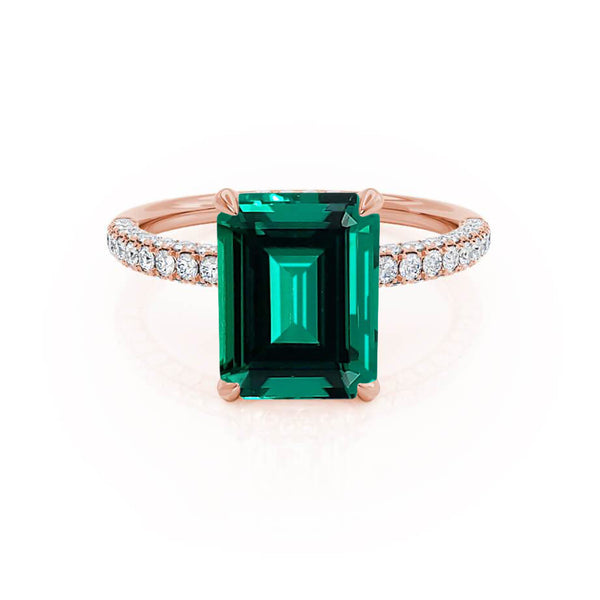 COCO - Emerald & Diamond 18k Rose Gold Petite Hidden Halo Triple Pavé Ring Engagement Ring Lily Arkwright