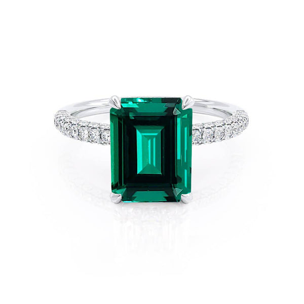 COCO - Emerald & Diamond 950 Platinum Petite Hidden Halo Triple Pavé Ring Engagement Ring Lily Arkwright