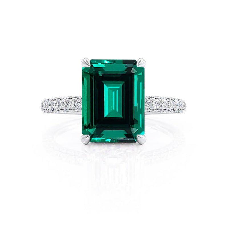 COCO - Emerald & Diamond 18k White Gold Petite Hidden Halo Triple Pavé Ring Engagement Ring Lily Arkwright